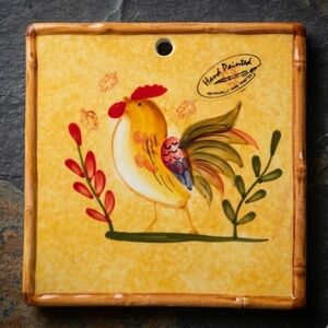 Unbranded Rooster Hand Painted Ceramic Trivet Yellow Bamboo Edge Wall Decor 6x6